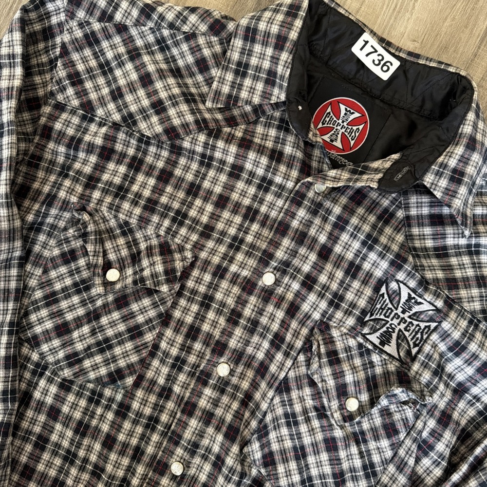 VTG Y2K West Coast Choppers Jesse James Sz M Pearl Snap Work Wear Black Plaid